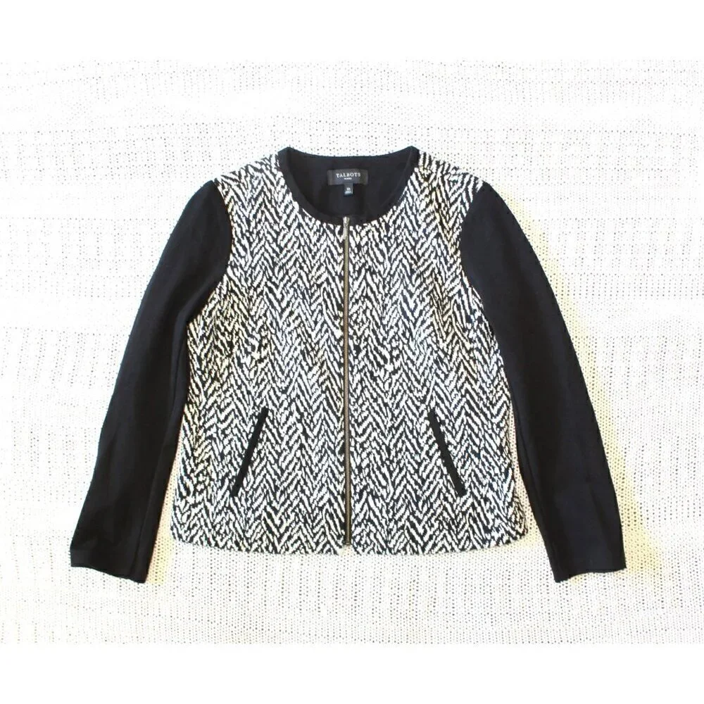 Talbots Black & white women's jackets zipper front Size 10P longs sleeve pockets